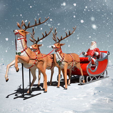 Deluxe two seater Sleigh, Santa & Three Reindeer Décor Set Display 132 In